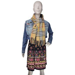 Vintage Neutral Plaid Lambswool Fringe Scarf Made In Italy NWOT